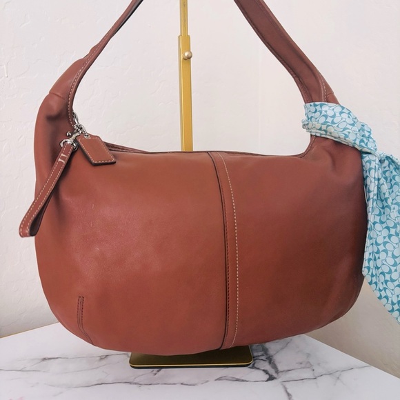 Coach Brown Hobo Bag with Blue Scarf Accent - Picture 2 of 11